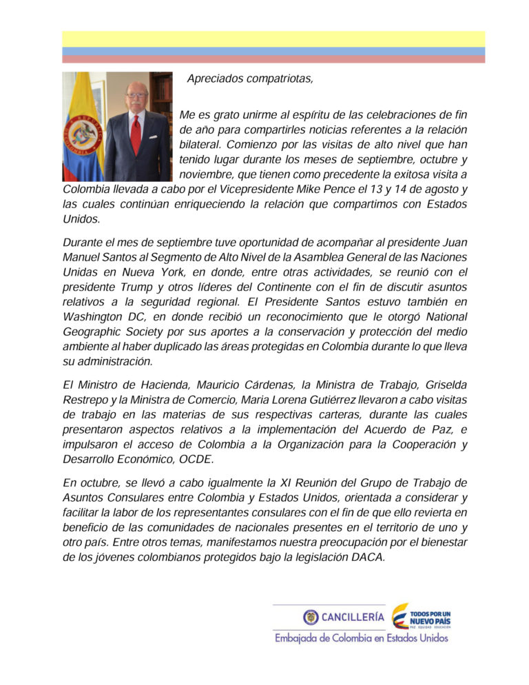 Mensaje del Embajador de Colombia en los Estados Unidos
