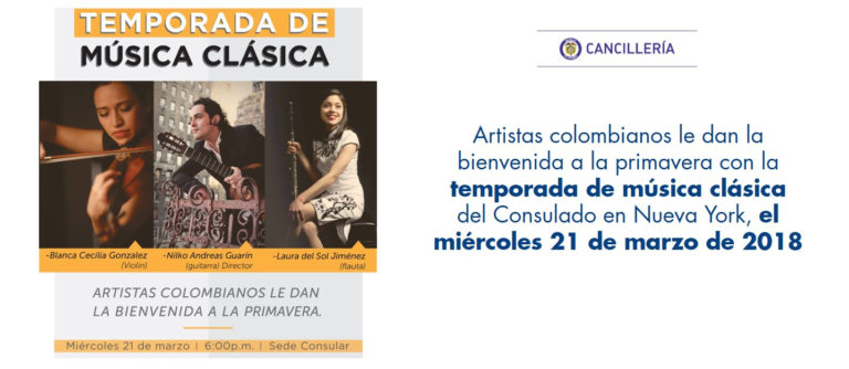 Invitación a recibir la primavera con música en el Consulado de Colombia en Nueva York.