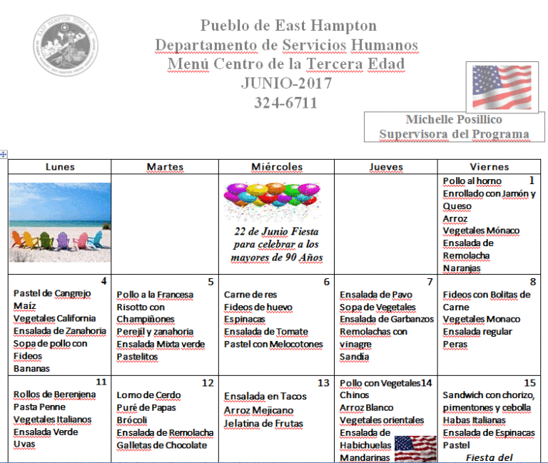 Pueblo de East Hampton, Departamento de Servicios Humanos: Menú  Centro de la Tercera Edad JUNIO 2018
