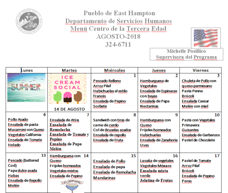 Pueblo de East Hampton- Departamento de Servicios Humanos – Menú Centro de la Tercera Edad – Agosto 2018