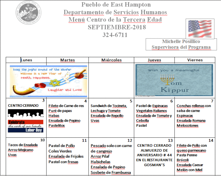 Pueblo de East Hampton- Departamento de Servicios Humanos – Menú Centro de la Tercera Edad – Septiembre 2018