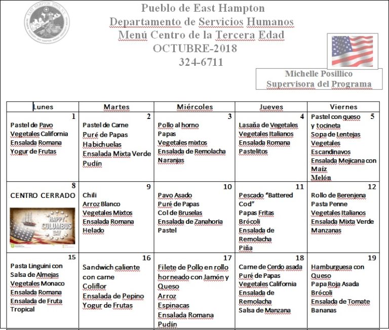 Pueblo de East Hampton- Departamento de Servicios Humanos – Menú Centro de la Tercera Edad – OCTUBRE 2018