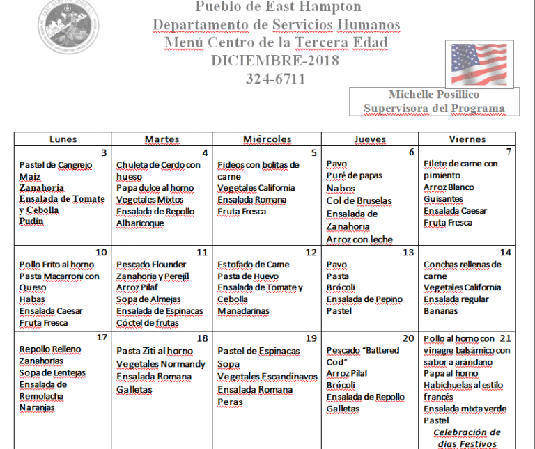 Pueblo de East Hampton- Departamento de Servicios Humanos – Menú Centro de la Tercera Edad – Diciembre 2018