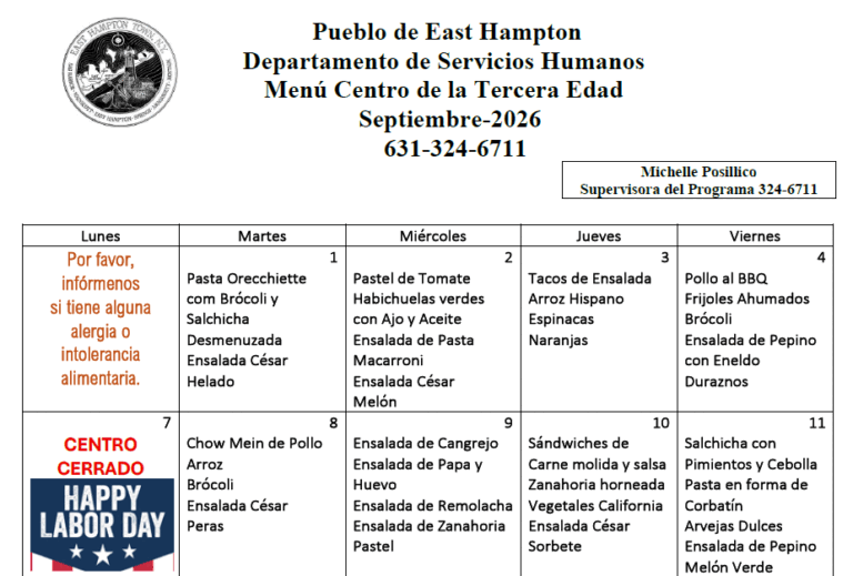 Pueblo de East Hampton Departamento de Servicios Humanos : Menú Centro de la Tercera Edad SEPTIEMBRE 2026